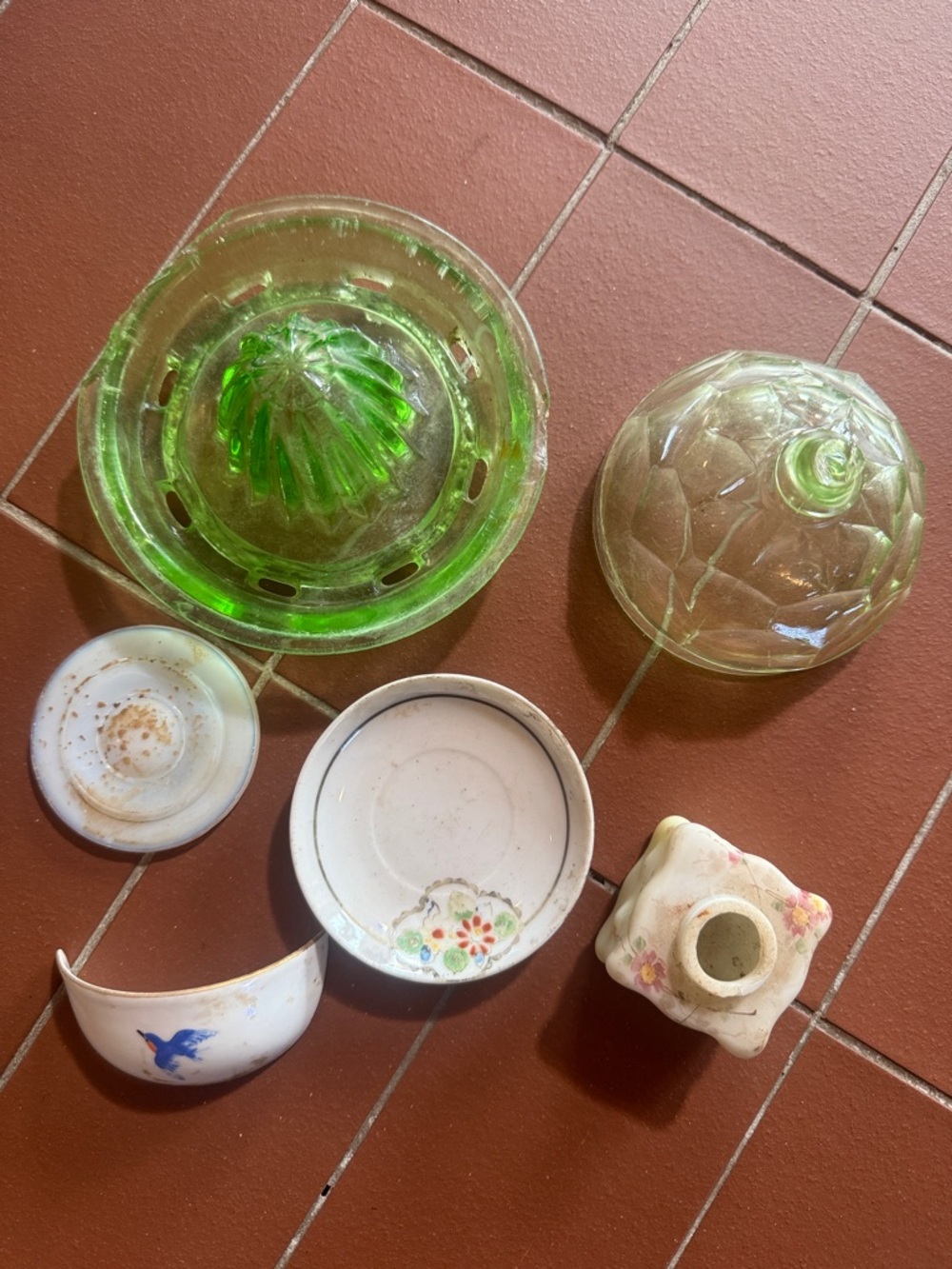 Shards for crafts! UV Uranium glass, milk glass, bird, mini plate, zinc insert